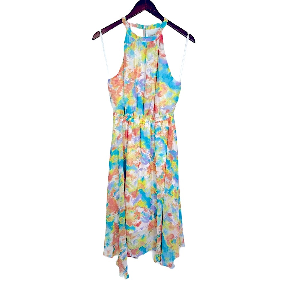 BCBGENERATION NWT Tie-dye Watercolor Blue Sleeveless Halter Midi Dress Size XS